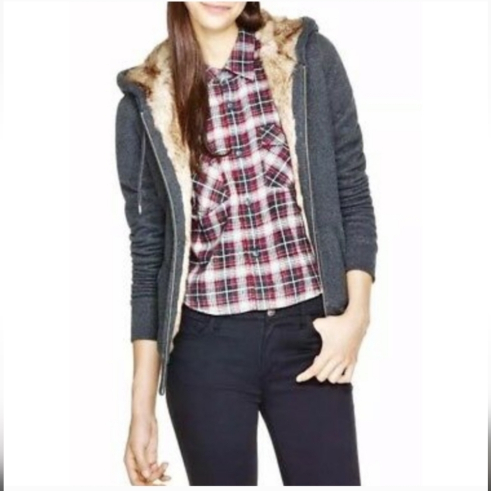 TNA Aritzia- Dark Grey And Beige Faux Fur Lined Hoodie - Small